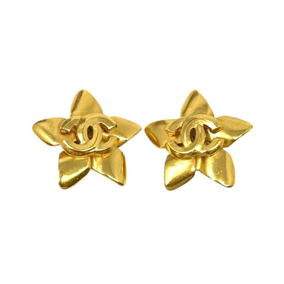 CHANEL Vintage 96P CC Logo Gold Star Flower Clip-on Earrings Jewelry [106351] - Picture 1 of 10